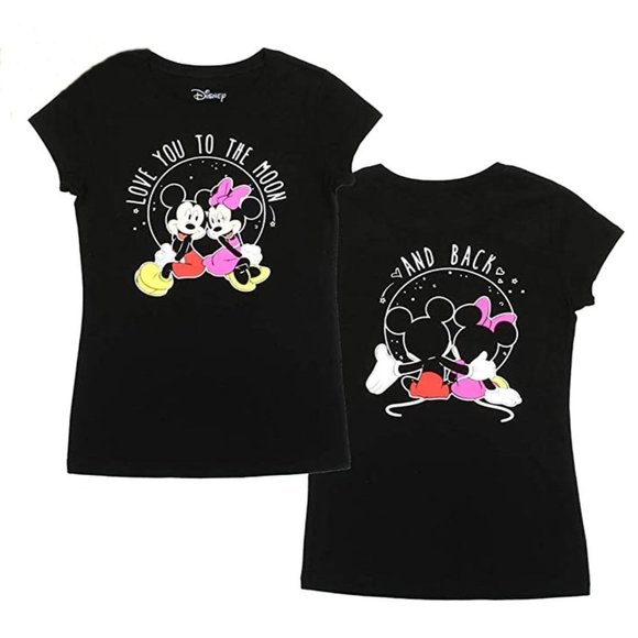 Minnie Mickey Kids Unisex Black T Shirt Printed Front & Back Love You Moon - Picture 1 of 3